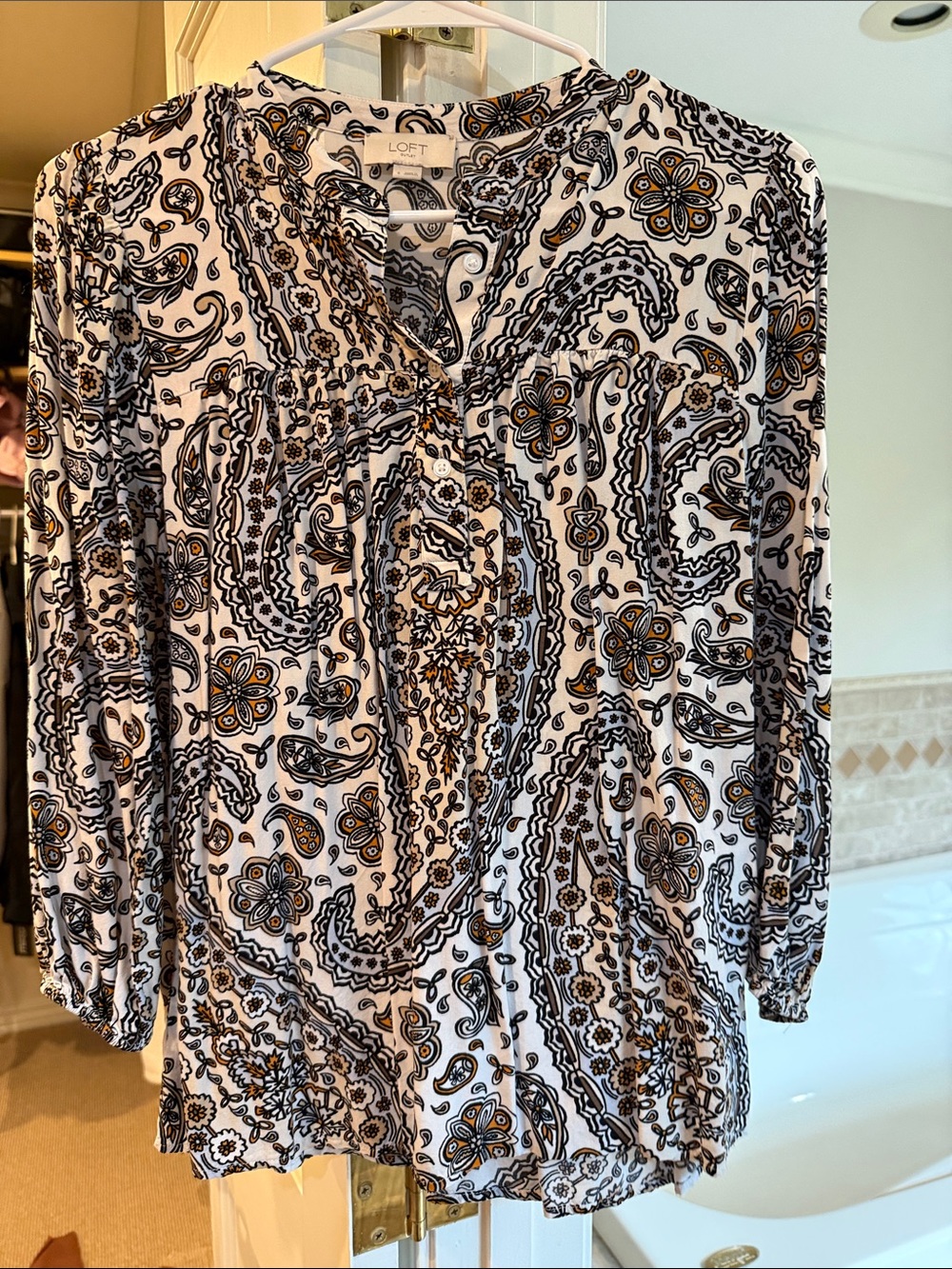 LOFT Black and Mustard Paisley V-Neck Blouse